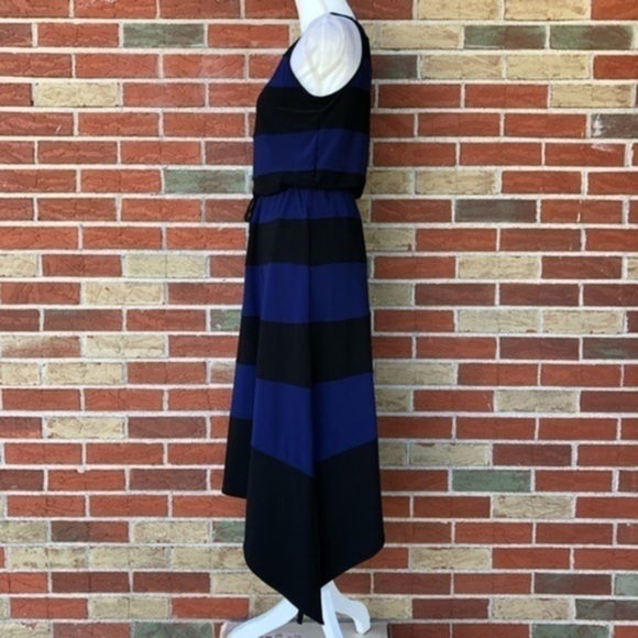 WHBM Color Block Stripe Keyhole Handkerchief Hem Blue Black Sleeveless Dress - Picture 8 of 16